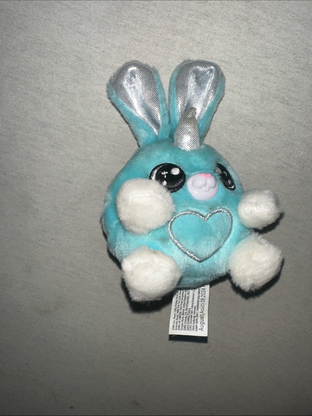 Vintage Collectible. Plush Teal Bunny Toy for Small Pets - Silver Accent Heart
